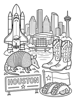 Free printable Houston Landmarks And Texas Icons Collage coloring page