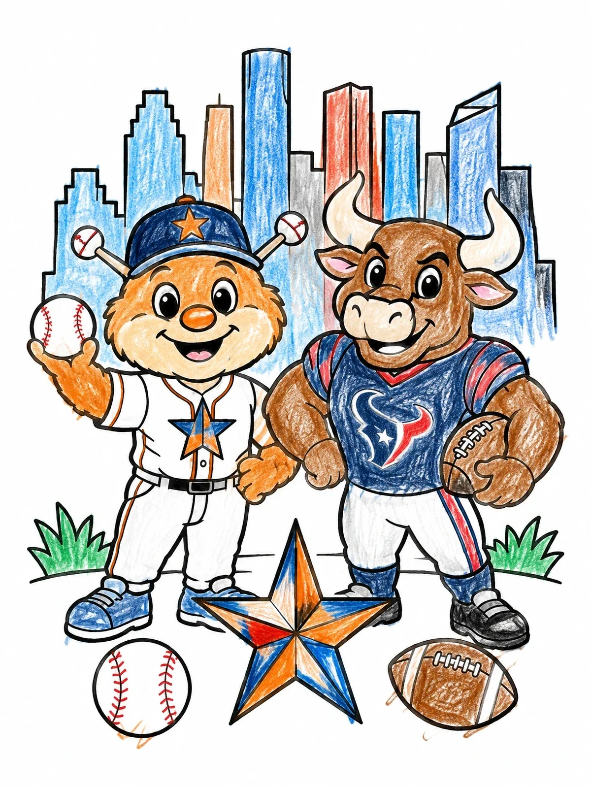Colored example of the Houston Sports Mascots And Skyline coloring page