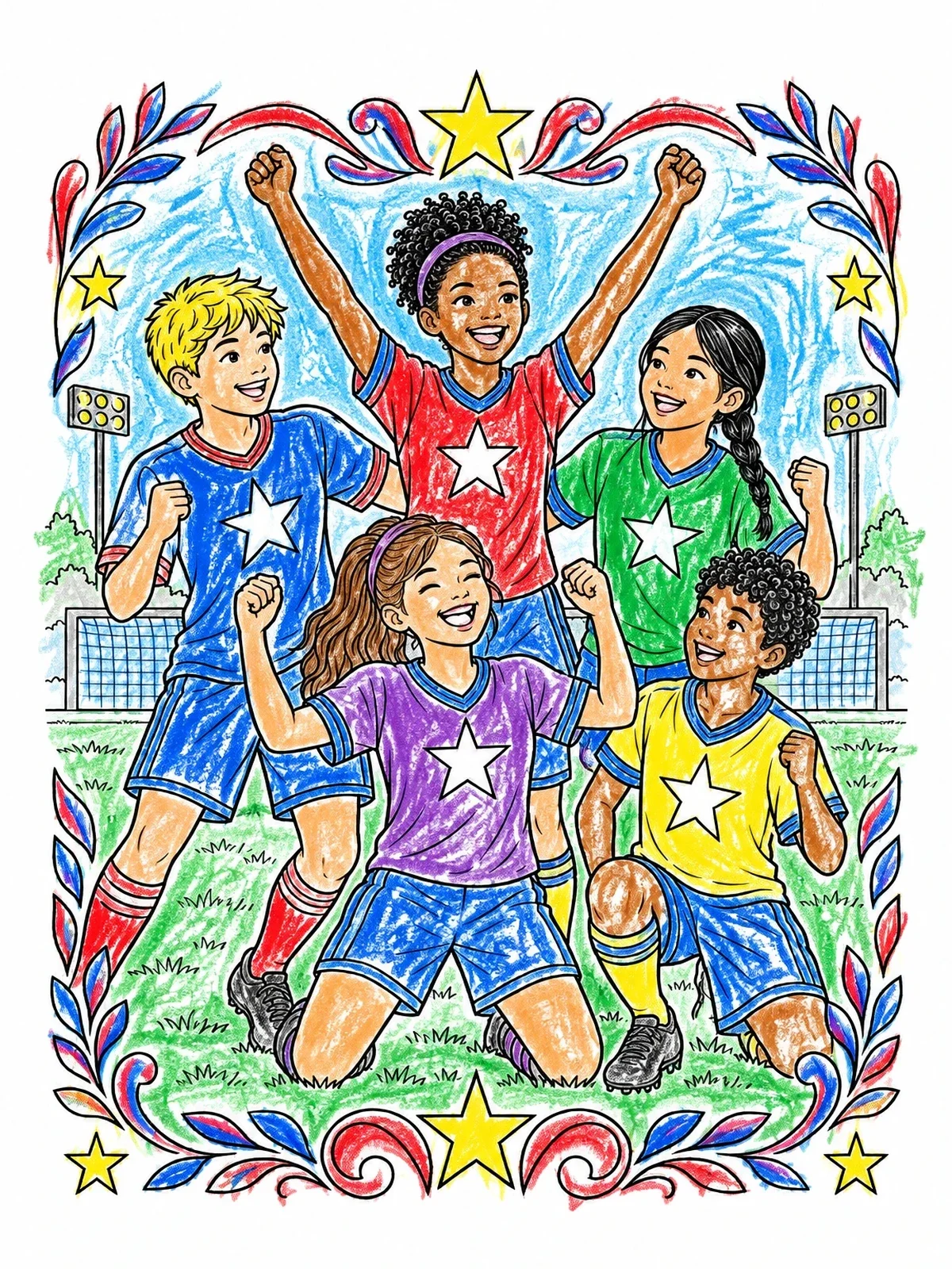 Colored example of the Young Athletes Celebrating Victory coloring page