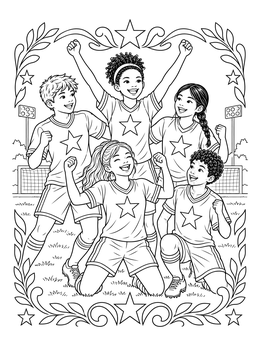A lively houston coloring page featuring young soccer players cheering on the field.