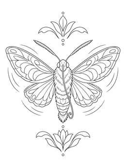 A hummingbird hawk-moth coloring page showing motion lines and decorative floral ornaments.