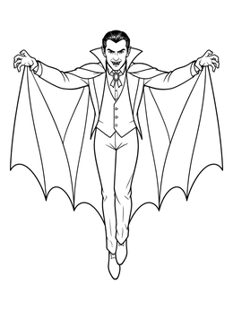 Dramatic vampire coloring page featuring a count floating with his cape spread like bat wings.