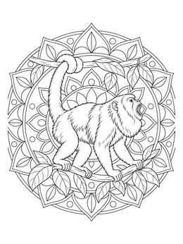 A detailed howler monkey coloring page framed by an ornate circular mandala design.