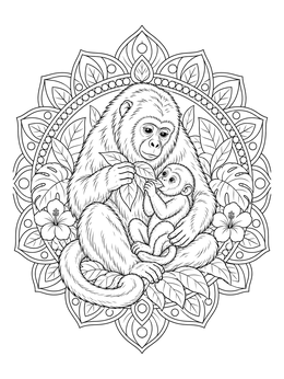 A detailed howler monkey coloring page showing a mother holding her baby inside an ornate mandala frame.