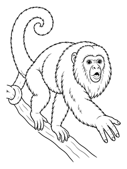 A fluffy howler monkey coloring page showing the animal climbing a sturdy tree branch.