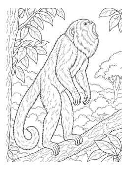 A detailed howler monkey coloring page showing the animal calling from a tree branch.