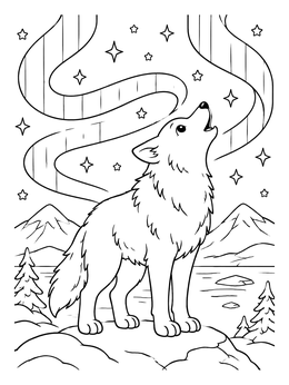 Free printable Howling Arctic Wolf Under Northern Lights coloring page