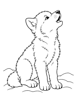 An adorable arctic wolf coloring page showing a fluffy wolf pup howling up at the sky while sitting in snow.
