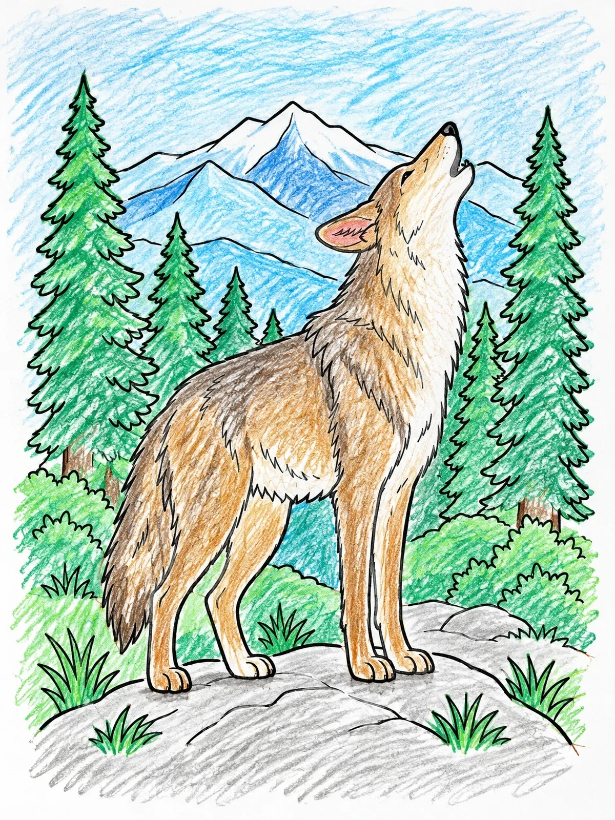 Colored example of the Howling Coyote In The Mountains coloring page