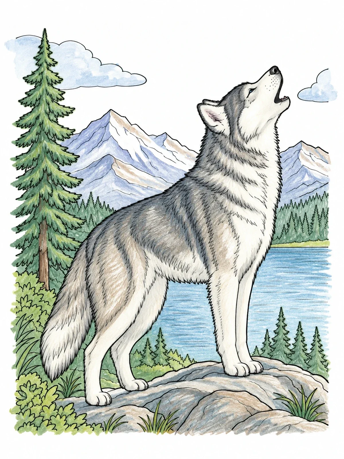Colored example of the Howling Husky In Mountain Landscape coloring page