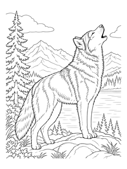 A detailed husky coloring page showing the dog howling atop a rocky hill with mountains in the background.