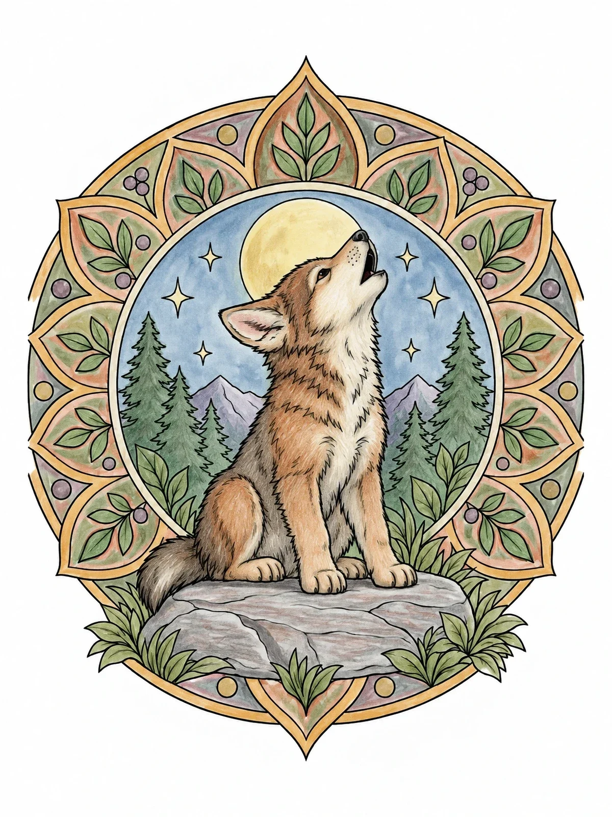 Colored example of the Howling Red Wolf Pup Mandala coloring page