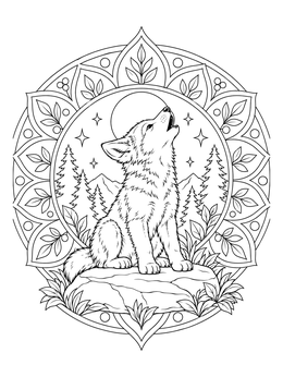 A red wolf coloring page showing a young pup howling inside an ornate floral mandala frame.