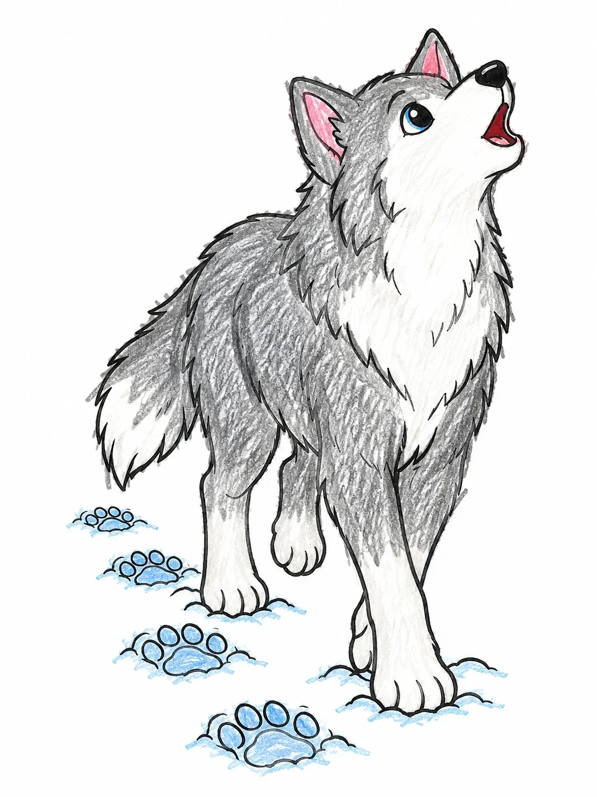 Colored example of the Howling Wolf Pup In Snow coloring page