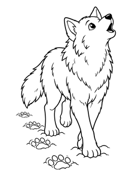 A howling wolf pup leaving paw prints in the snow on this cute wolf coloring page.