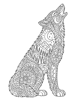 A seated wolf filled with forest scenery and mandalas on a zentangle coloring page.