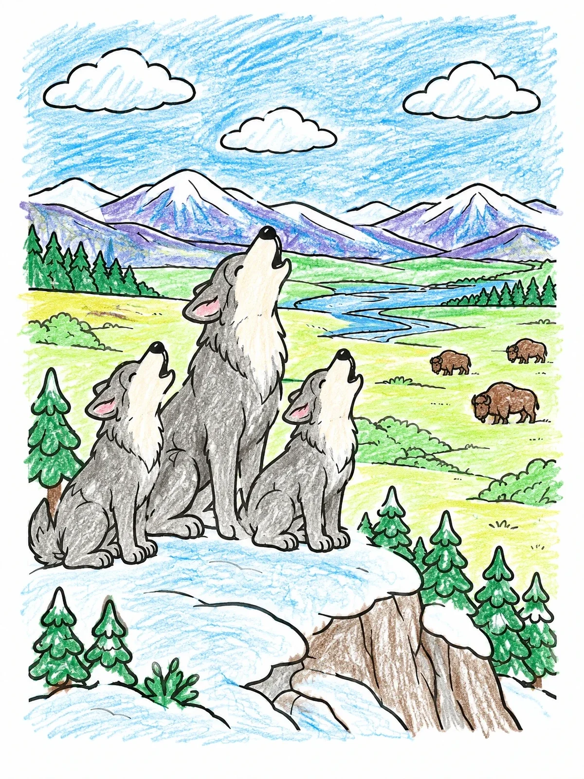 Colored example of the Howling Wolves Over Lamar Valley coloring page