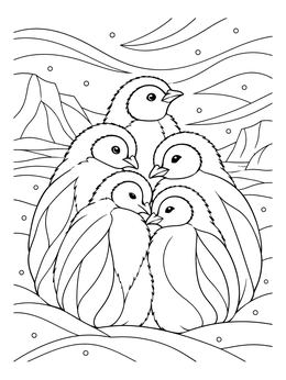 A group of fluffy chicks in this king penguin coloring page huddling together in the snow.