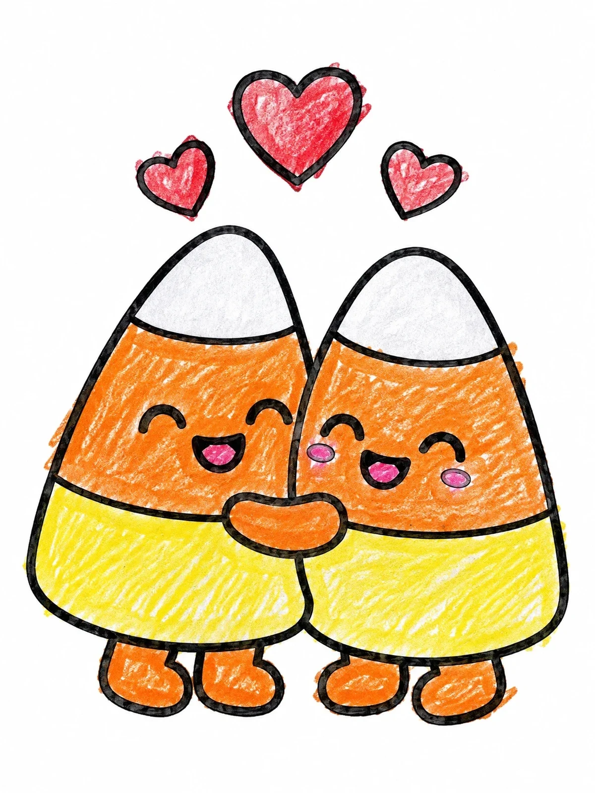 Colored example of the Hugging Candy Corn Friends coloring page