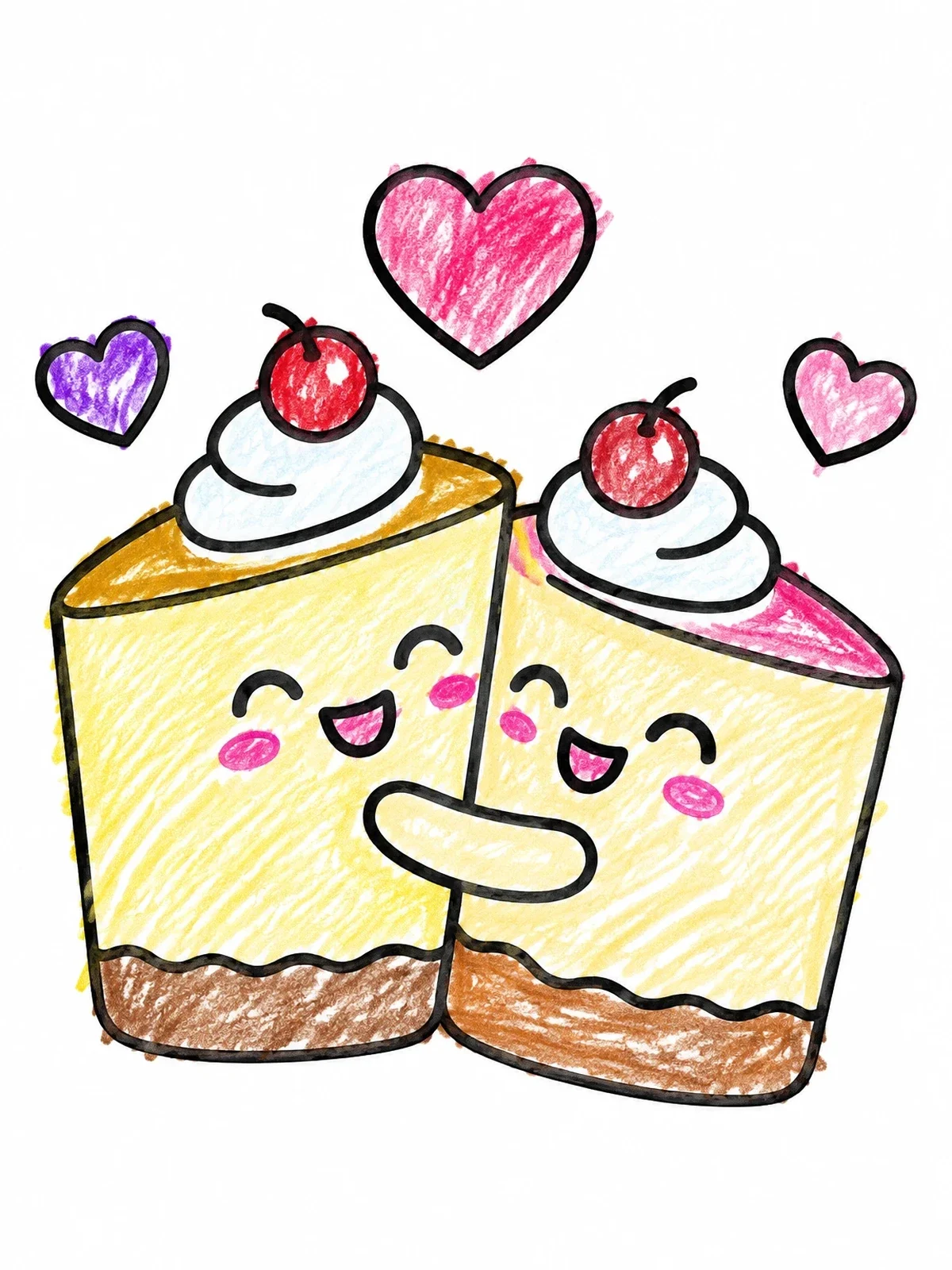 Colored example of the Hugging Cute Cheesecake Slices coloring page