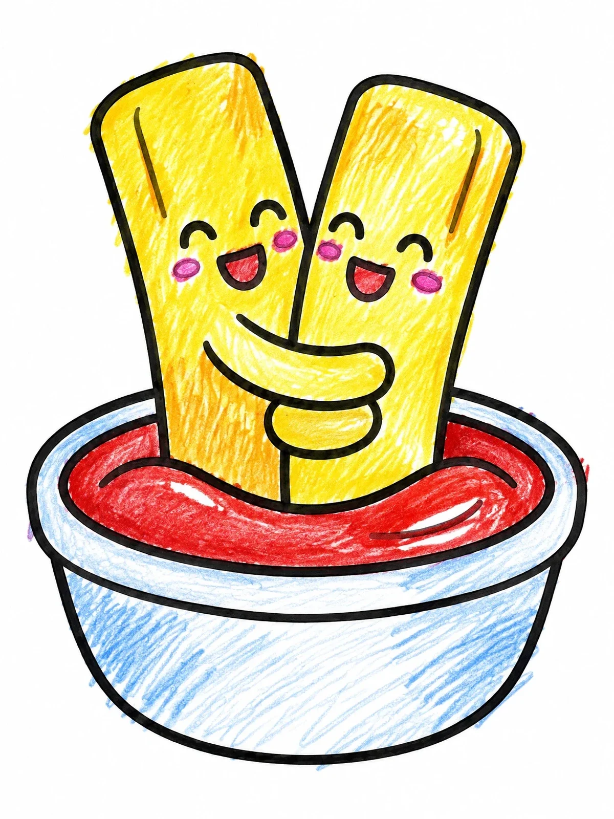 Colored example of the Hugging French Fries In Sauce Bowl coloring page