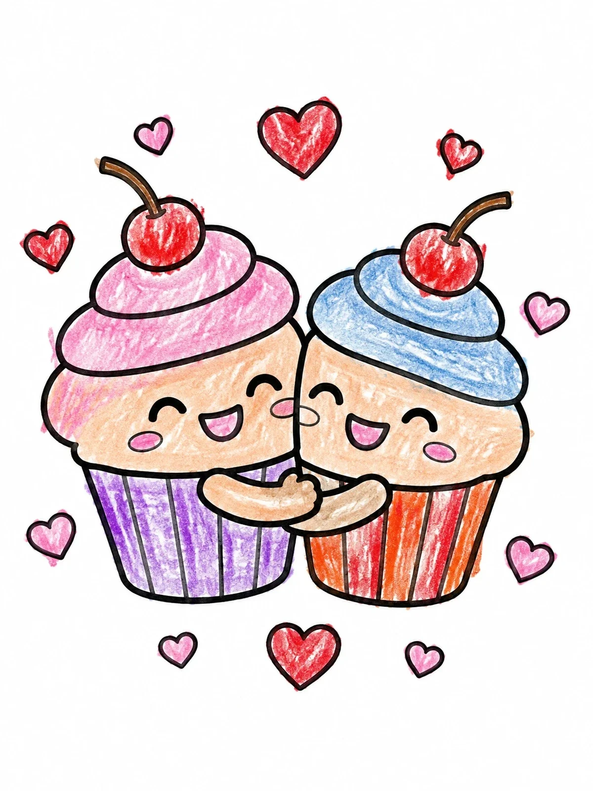 Colored example of the Hugging Valentine Cupcakes coloring page