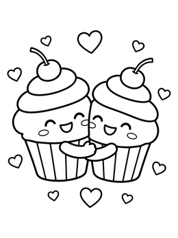 Free printable Hugging Valentine Cupcakes coloring page