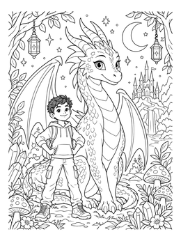 A brave young boy standing next to a dragon in this human coloring page.