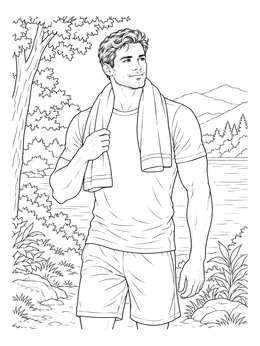 An athletic man holding a towel outdoors on this human coloring page.