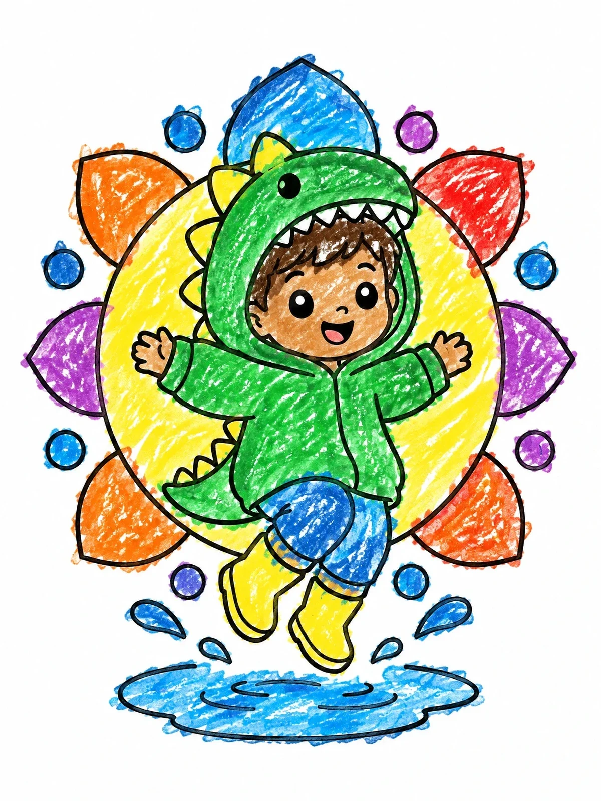 Colored example of the Boy In Dinosaur Hoodie Jumping coloring page