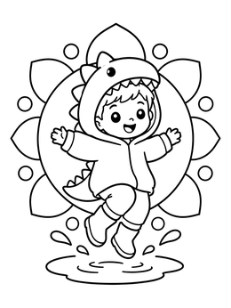 Free printable Boy In Dinosaur Hoodie Jumping coloring page