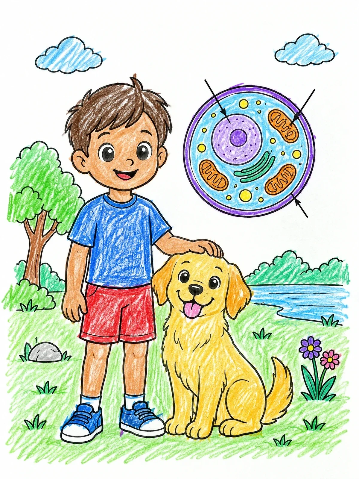 Colored example of the Boy With Dog And Cell Diagram coloring page
