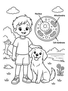 A cheerful boy and his dog beside an educational diagram on this human coloring page.