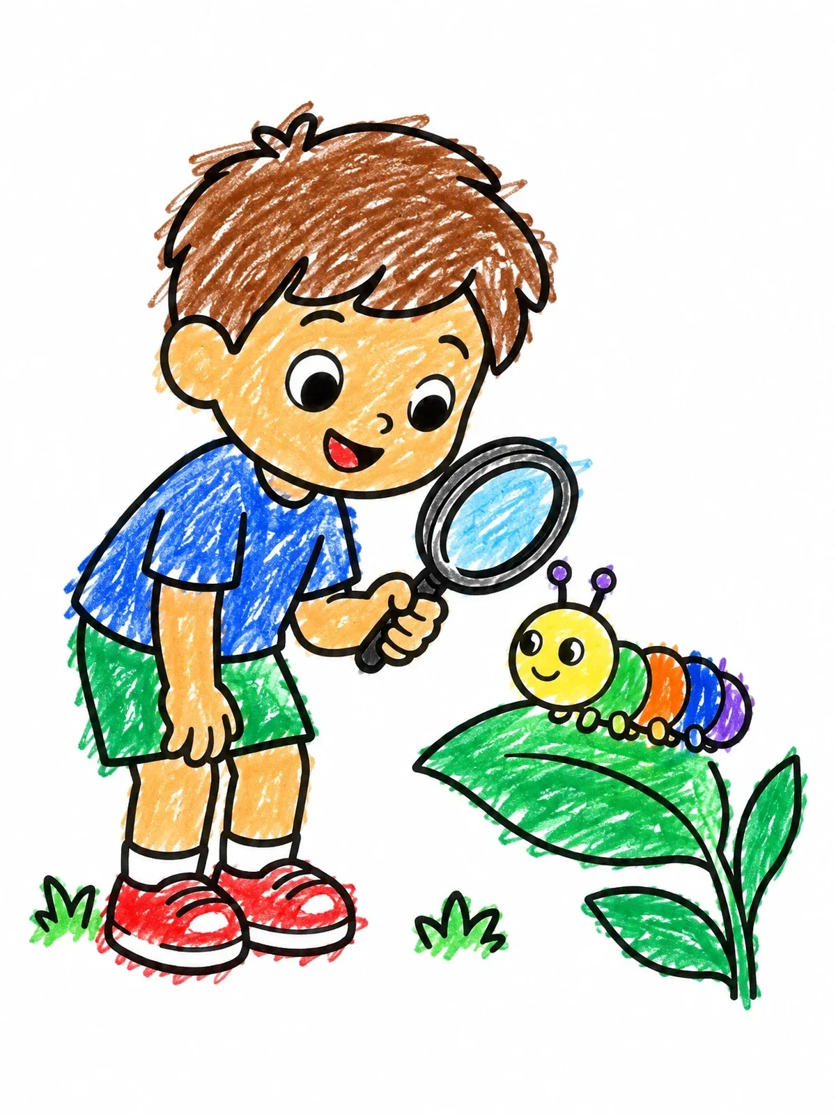 Colored example of the Little Boy Discovering A Caterpillar coloring page