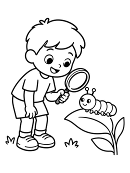 Free printable Little Boy Discovering A Caterpillar coloring page
