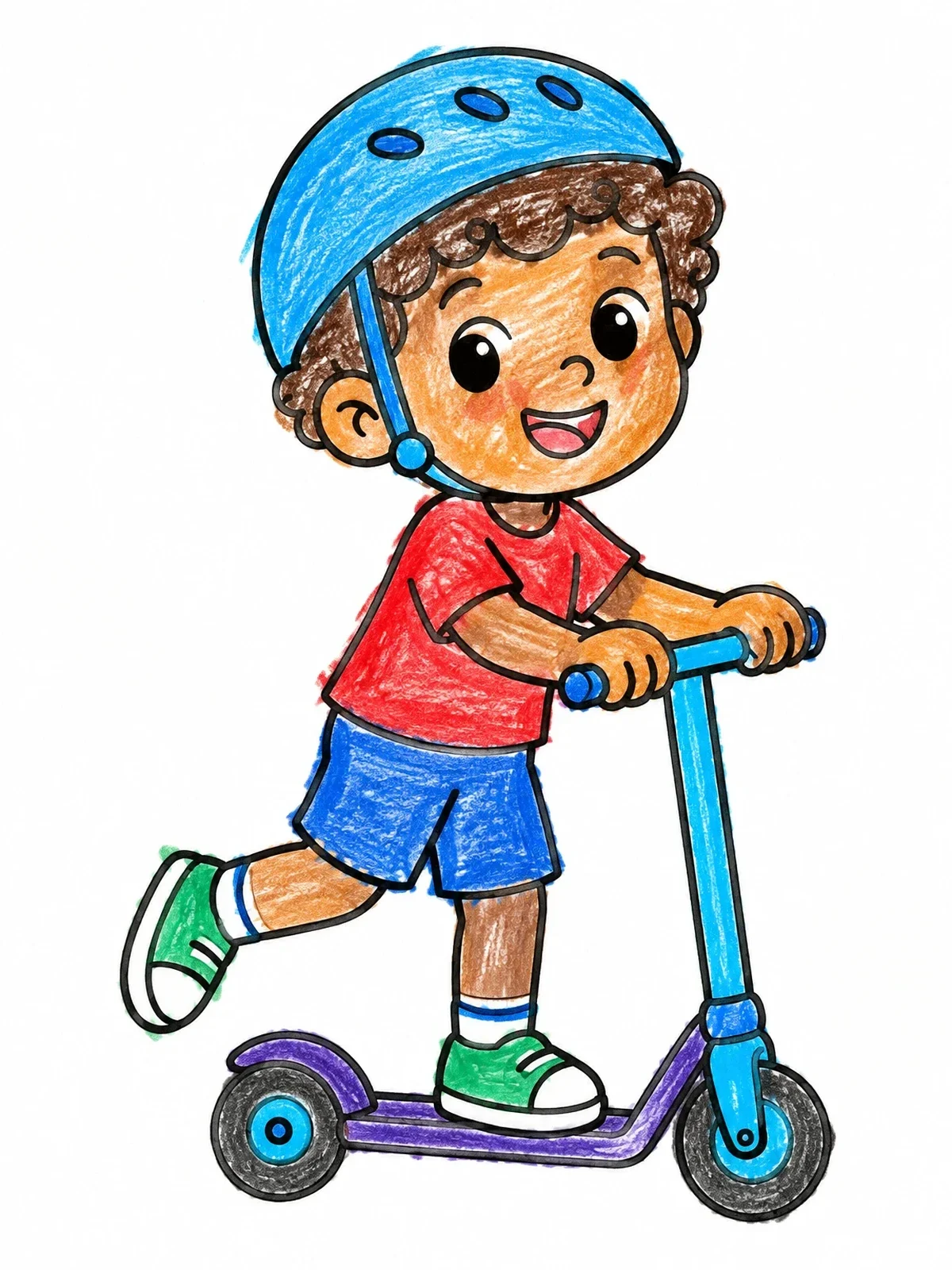 Colored example of the Boy Riding A Kick Scooter coloring page
