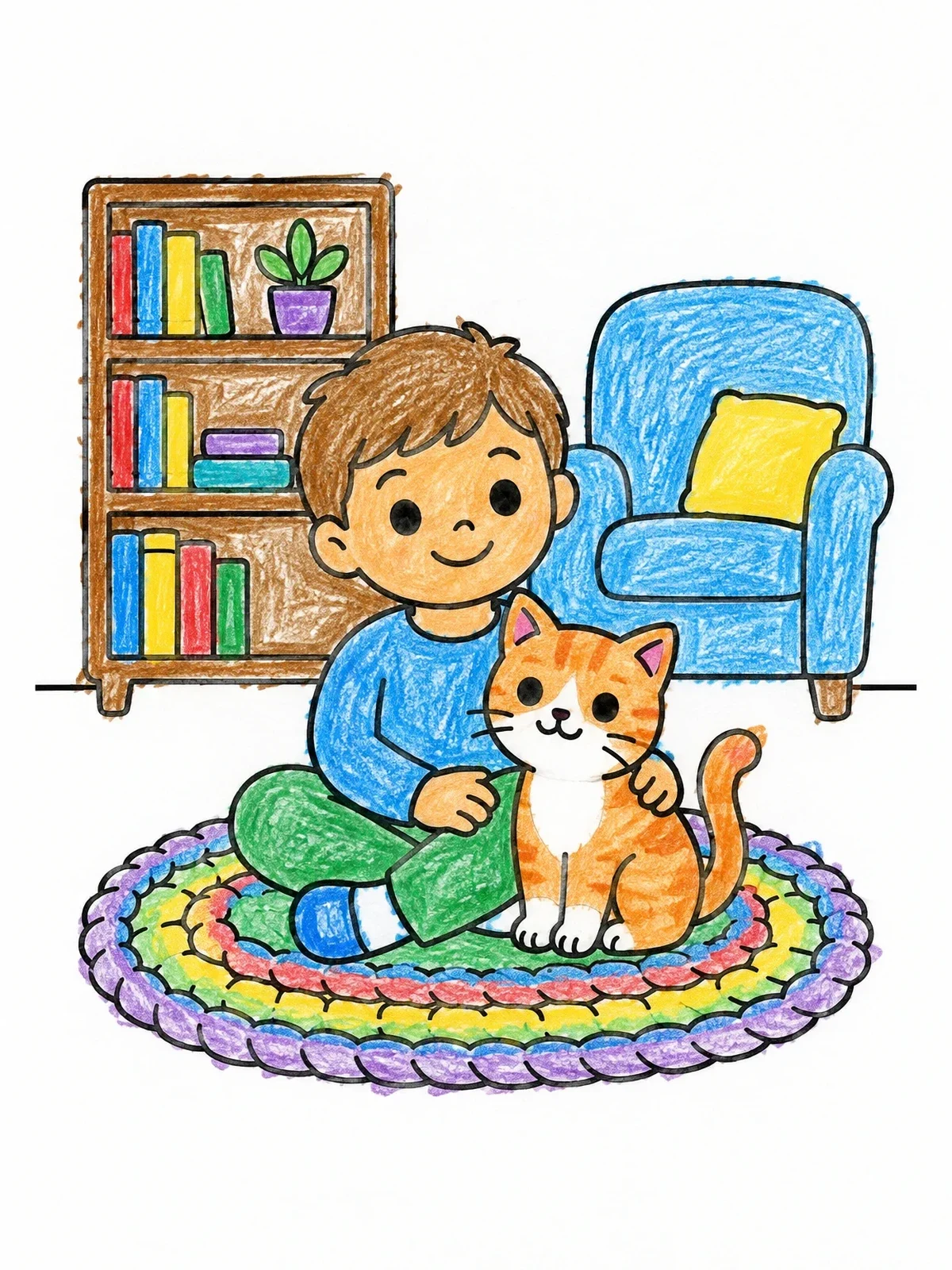Colored example of the Boy Sitting With Cat On Rug coloring page