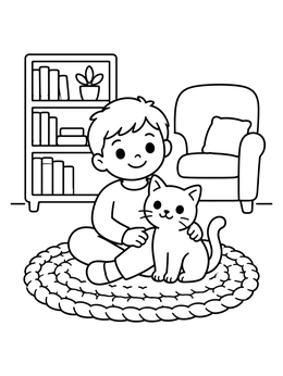 Free printable Boy Sitting With Cat On Rug coloring page