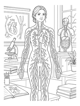 A detailed circulatory system coloring page showing a human figure with veins, heart, and classroom lab tools.
