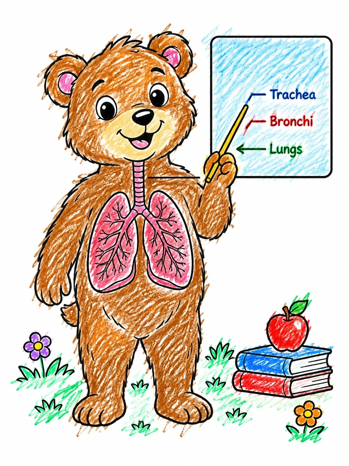 Colored example of the Cute Bear Teaching Respiratory System Anatomy coloring page