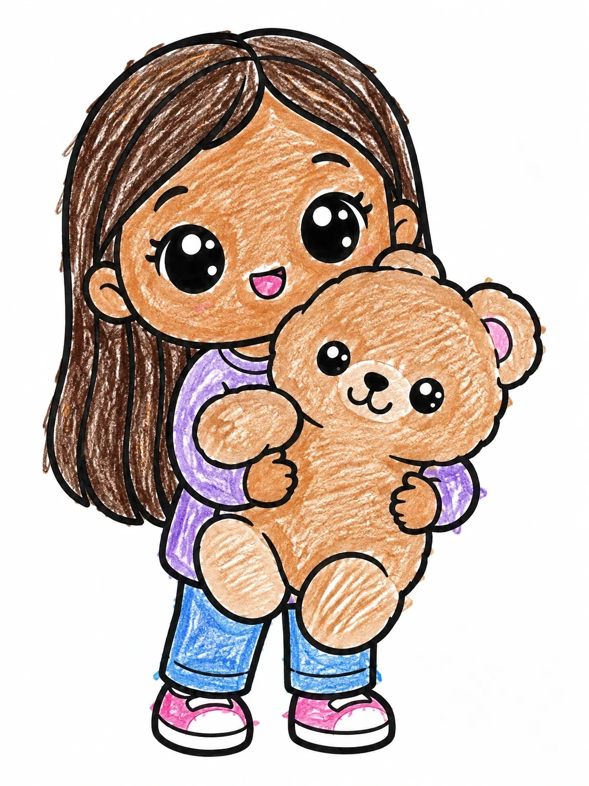 Colored example of the Cute Girl Hugging Teddy Bear coloring page