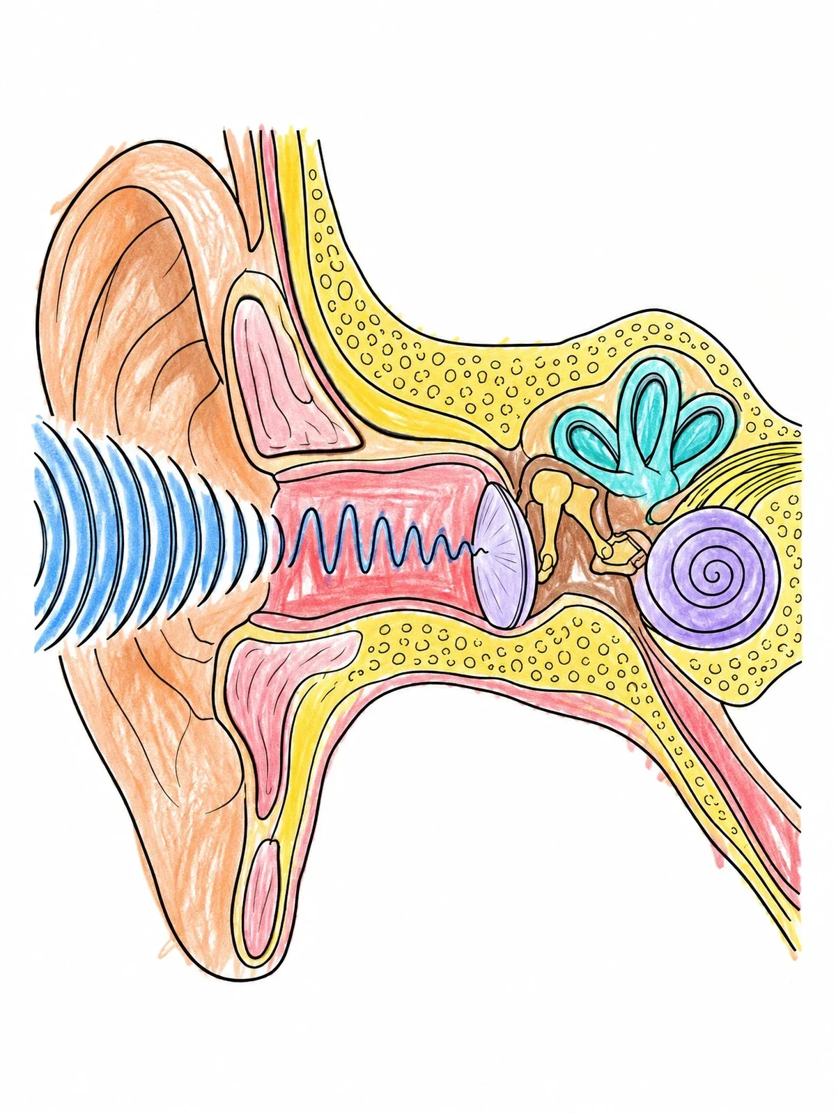 Colored example of the Human Ear Anatomy And Sound Waves coloring page