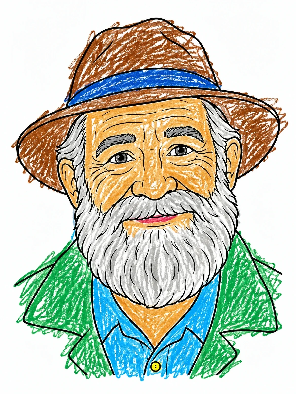 Colored example of the Friendly Elderly Man With Beard And Hat coloring page