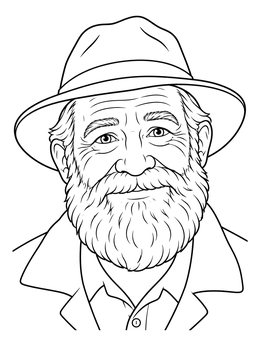 An elderly smiling man wearing a fedora hat in this detailed human coloring page.