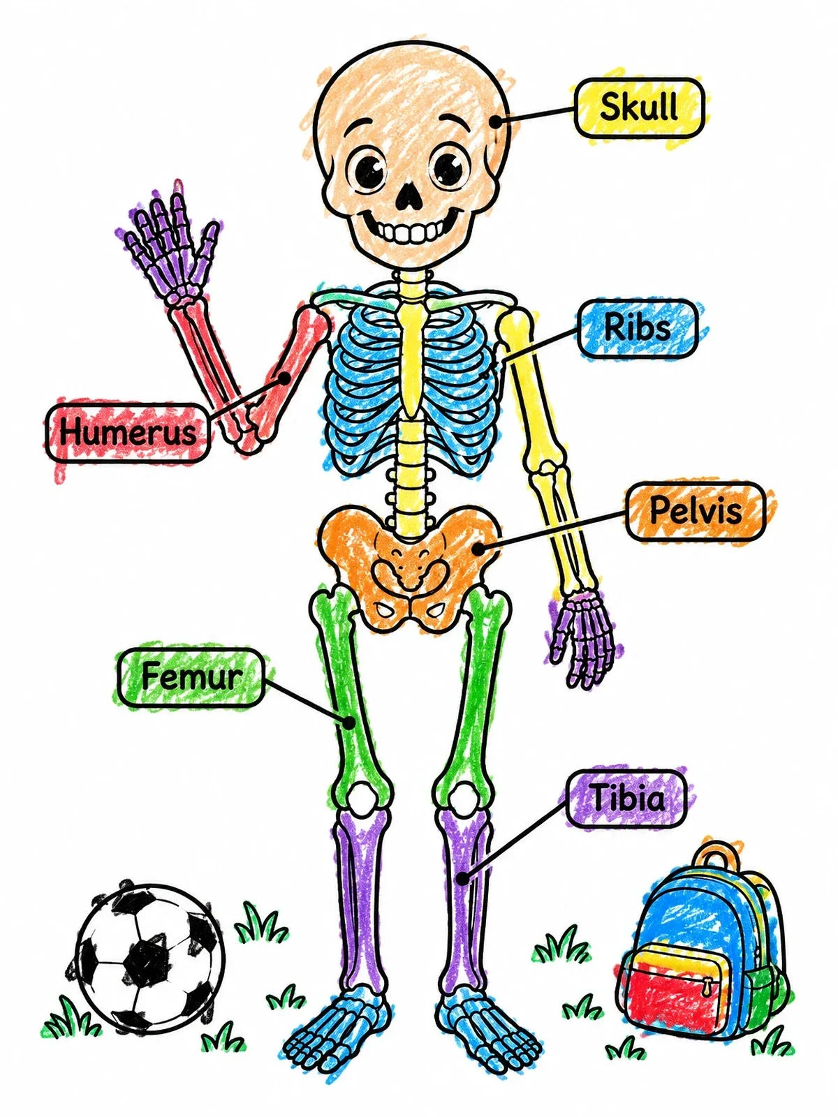 Colored example of the Friendly Skeleton Anatomy Chart coloring page