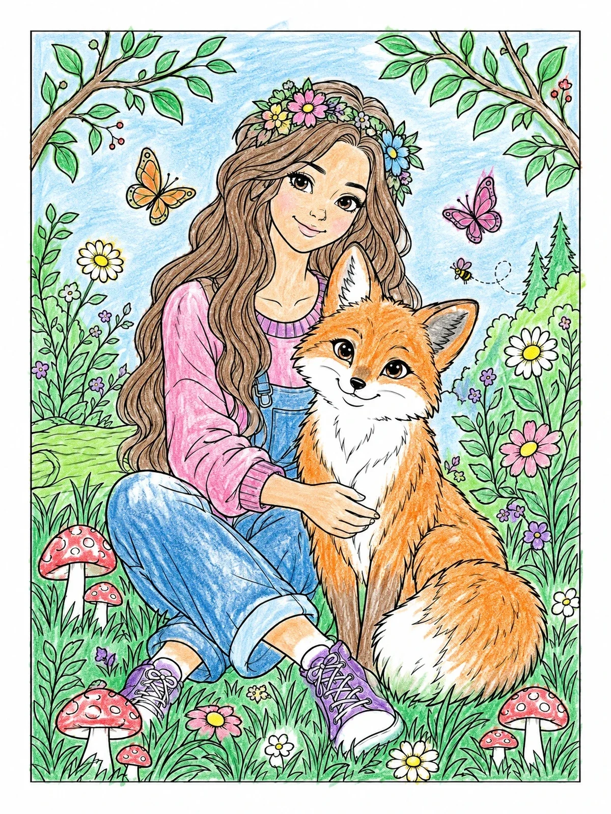 Colored example of the Girl With Flower Crown And Friendly Fox coloring page