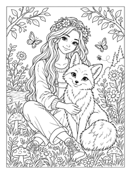 Free printable Girl With Flower Crown And Friendly Fox coloring page