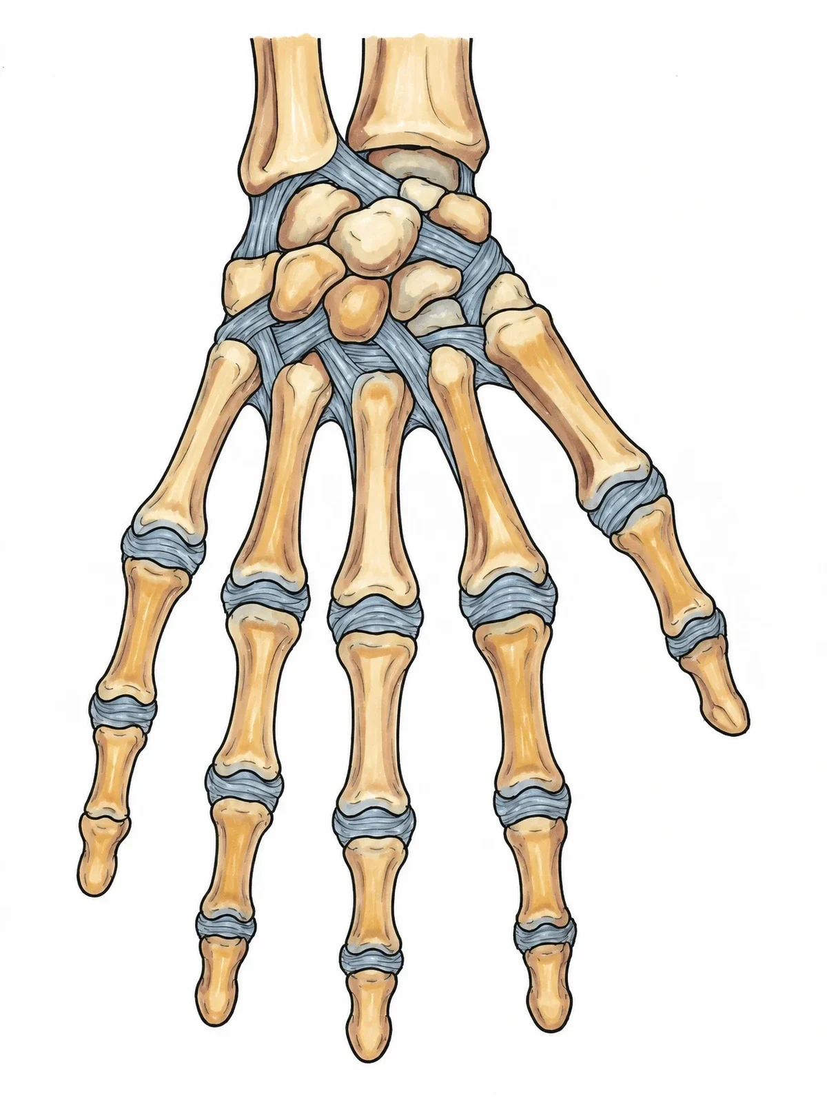 Colored example of the Detailed Human Hand Skeleton And Ligaments coloring page