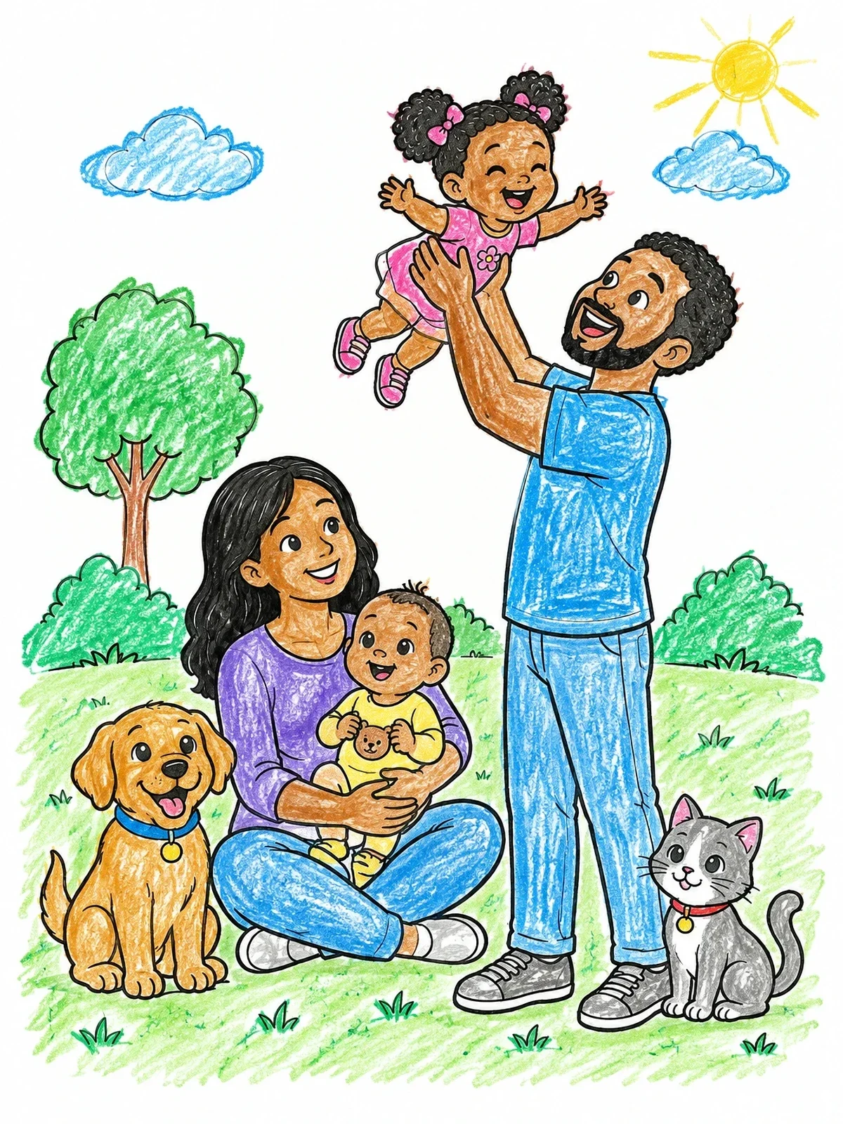 Colored example of the Happy Family Playing In The Park coloring page