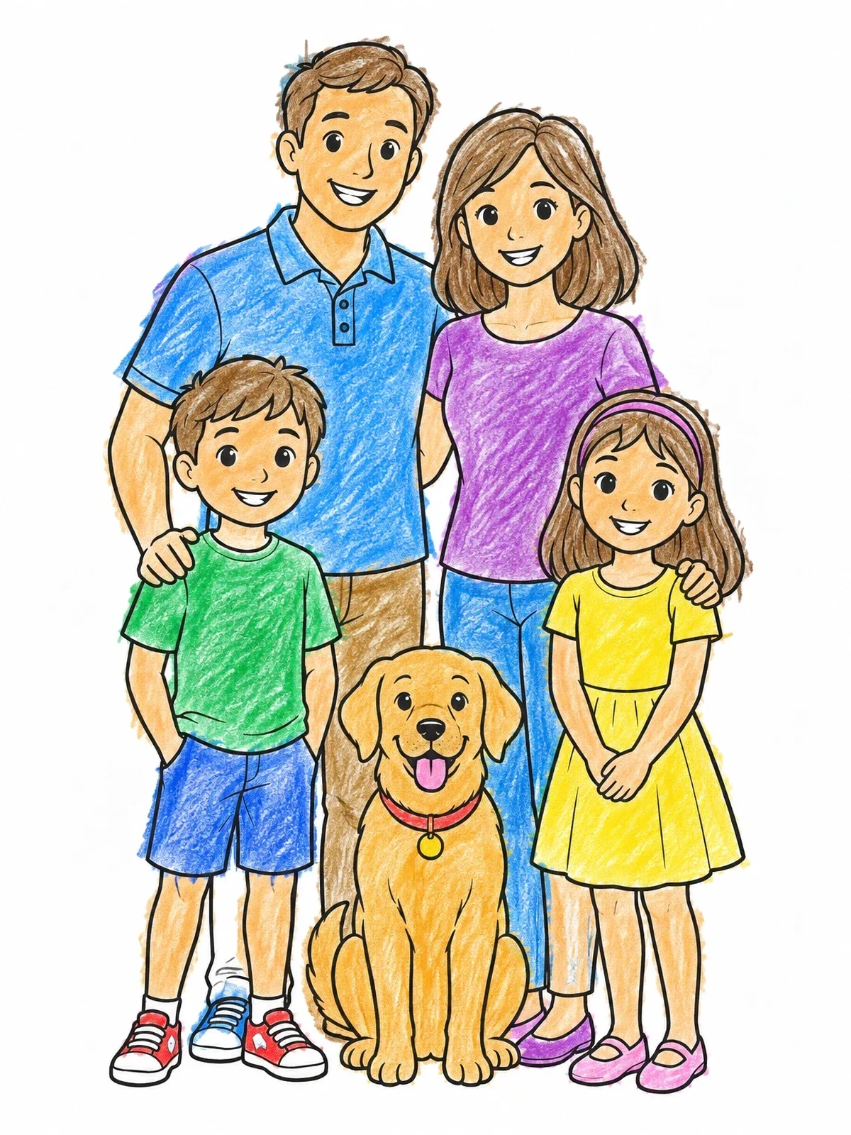 Colored example of the Happy Family With Dog Portrait coloring page